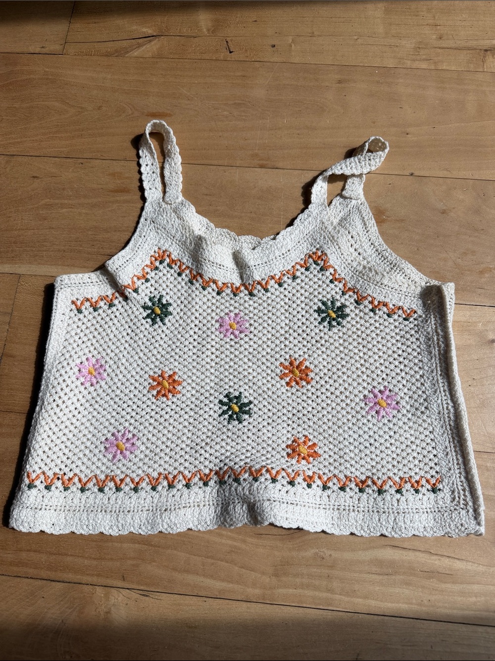 Zara Cream Crochet Tank Top with Pink, Orange & Green Floral Embroidery